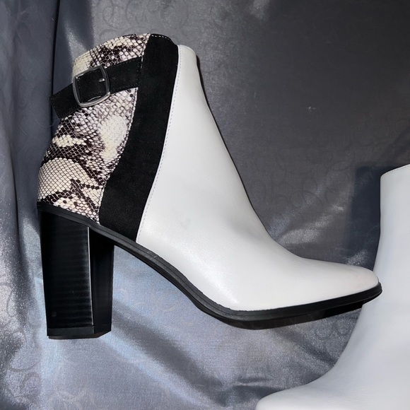 Black and White Faux Snakeskin Ankle Boots with Heel - Picture 2 of 5